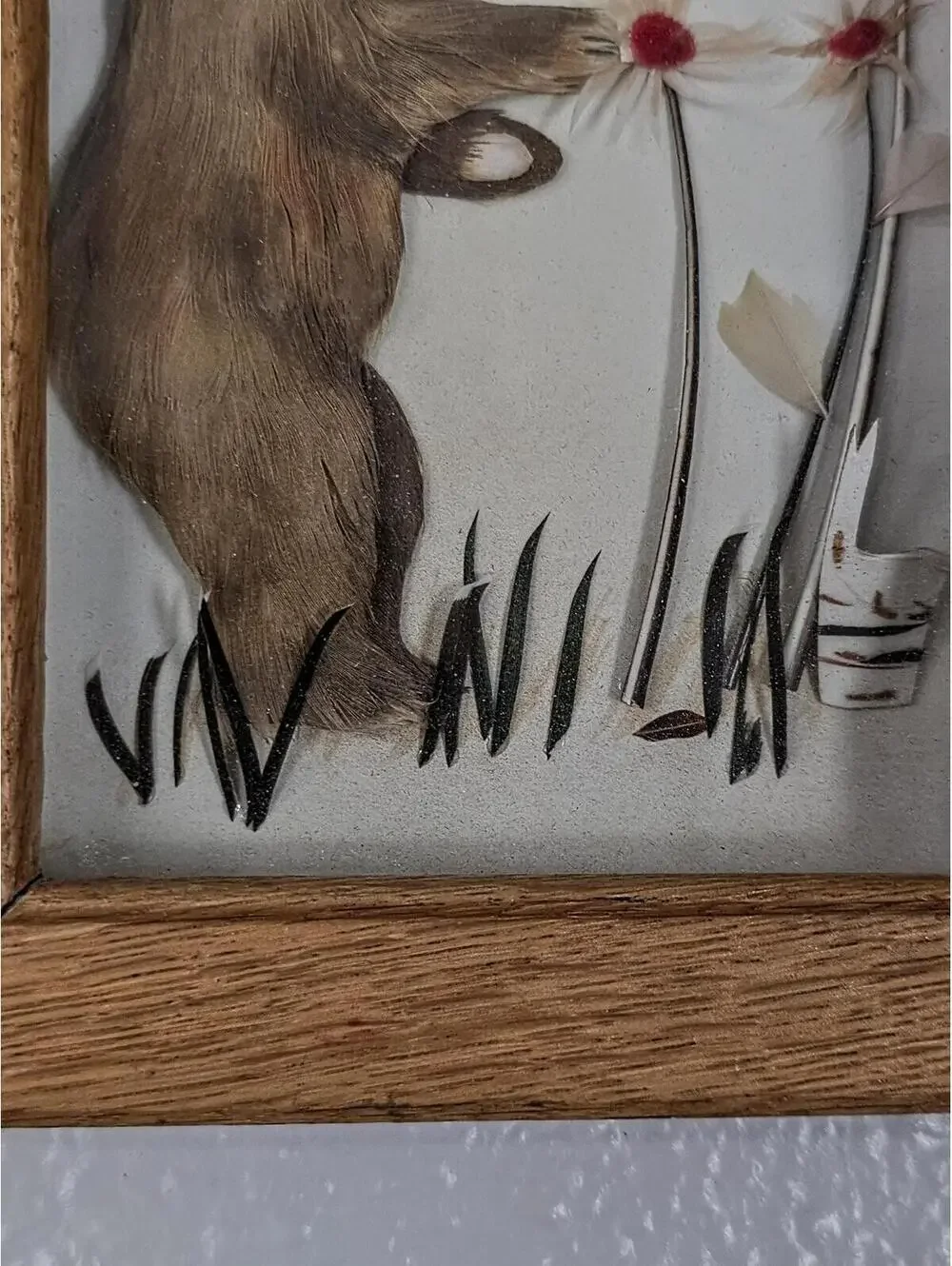 Vintage Feather Art Framed Bear Whimsical Shadow Box 5x7 Woodland Decor
